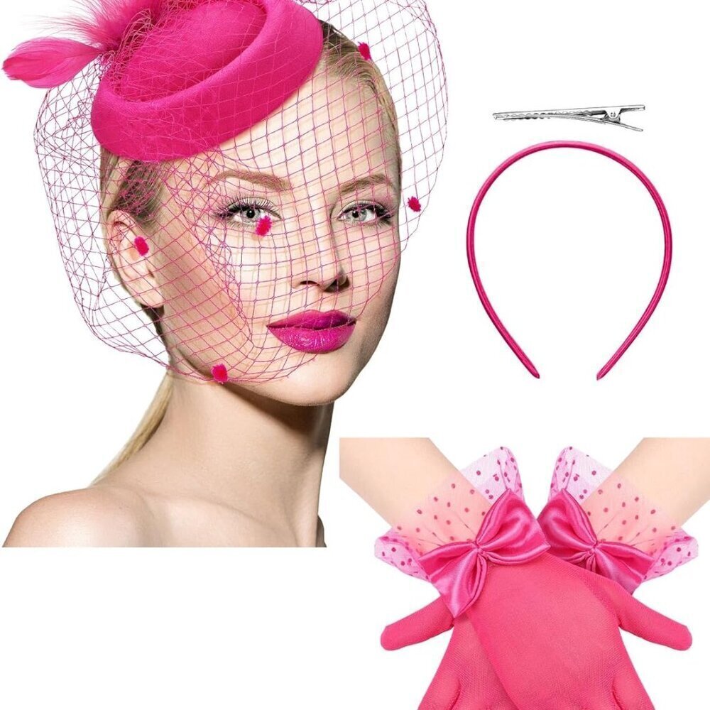 Women Fascinators Hat Lace Gloves Feather Pillbox Wedding Tea Party Accessory
